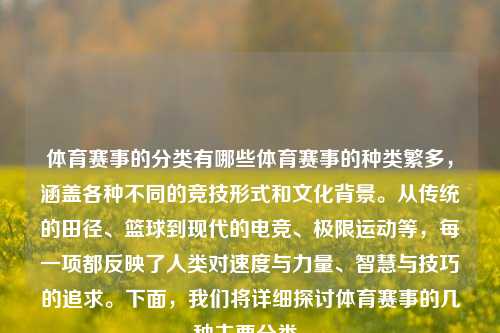 体育赛事的分类有哪些体育赛事的种类繁多，涵盖各种不同的竞技形式和文化背景。从传统的田径、篮球到现代的电竞、极限运动等，每一项都反映了人类对速度与力量、智慧与技巧的追求。下面，我们将详细探讨体育赛事的几种主要分类。