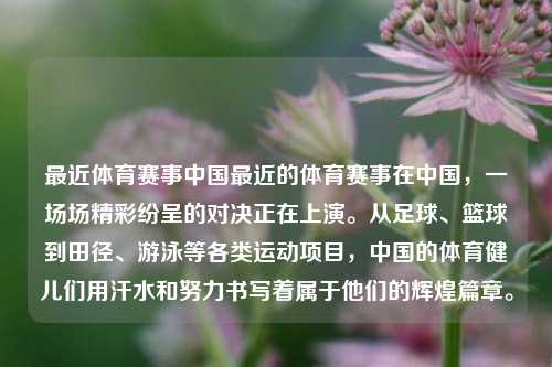 最近体育赛事中国最近的体育赛事在中国，一场场精彩纷呈的对决正在上演。从足球、篮球到田径、游泳等各类运动项目，中国的体育健儿们用汗水和努力书写着属于他们的辉煌篇章。